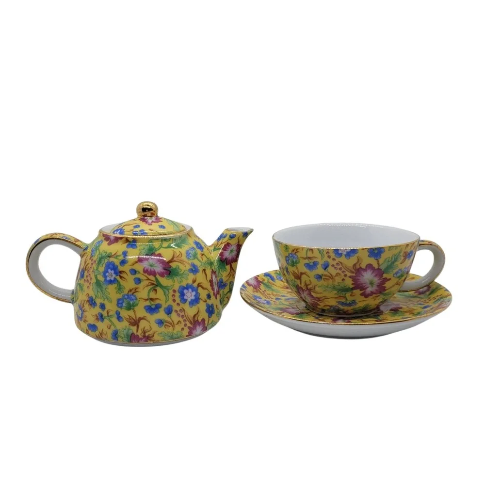 Two's Company Caroline Chintz Tea For One Set Floral Porcelain Teapot Cup Saucer
